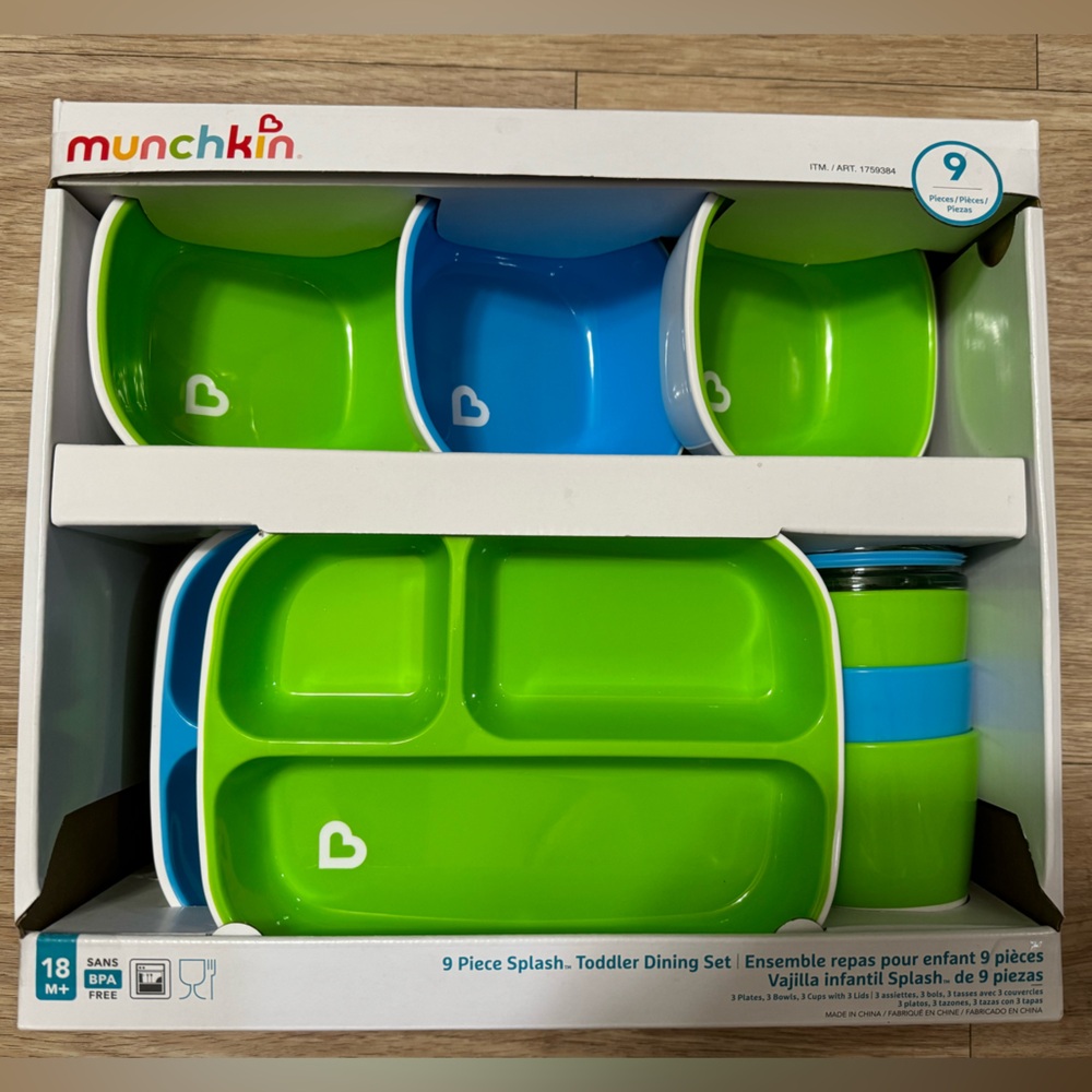 Munchkin Toddler 9 pieces kid dinning set with divided plates, bowls and cup